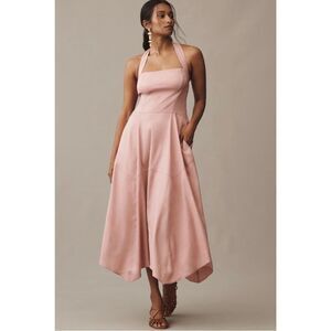 NEW By Anthropologie Mauve Pink Stretch Linen Halter Midi Dress Large